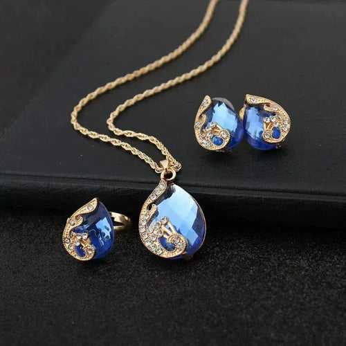 Gold Blue Crystal Necklace And Earrings Set