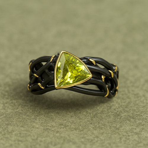 Braided Black Gold Ring With Green Gemstone