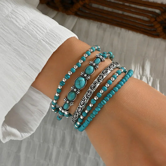 Set Of Bohemian Turquoise Bead Bracelets