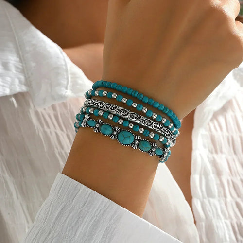Set Of Bohemian Turquoise Bead Bracelets
