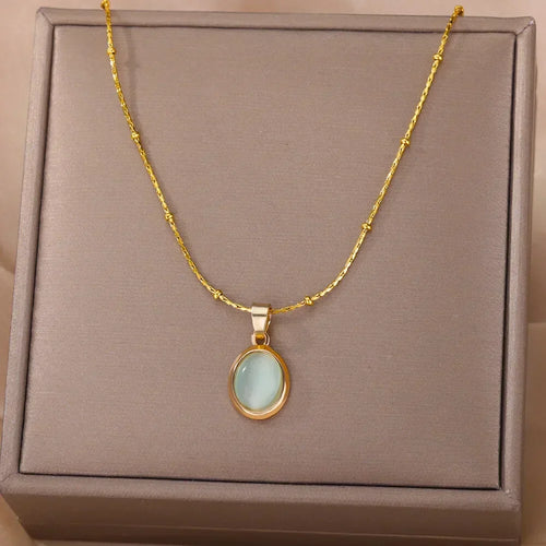 Chic Gold-Tone Stainless Steel Necklace With Teardrop Opal Pendant
