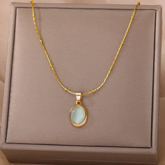 Chic Gold-Tone Stainless Steel Necklace With Teardrop Opal Pendant