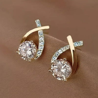 Golden Cross Stud Earrings With Zirconia