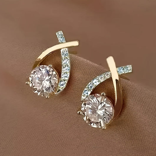 Golden Cross Stud Earrings With Zirconia